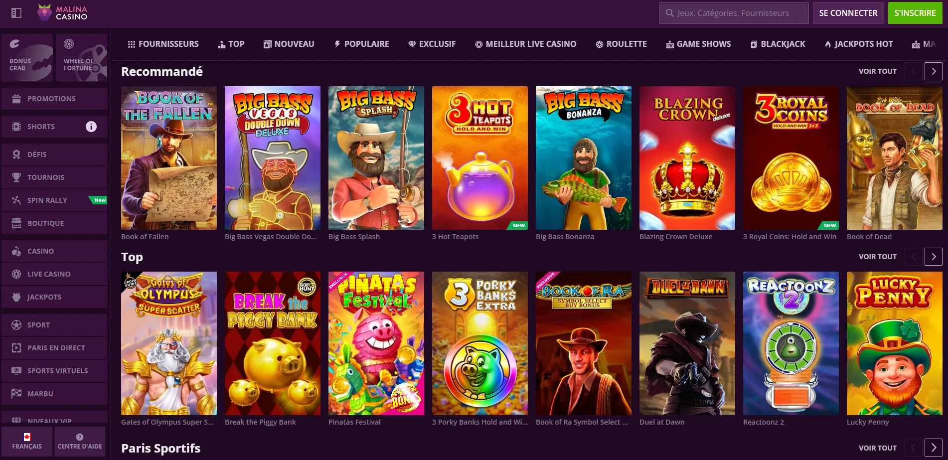 Aperçu des jeux et tables chez Malina Casino
